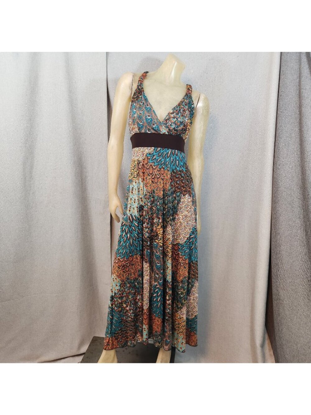 Libian Orange Brown Green Boho V Neck Slvlss Maxi Dress 3XL 3XLARGE USA